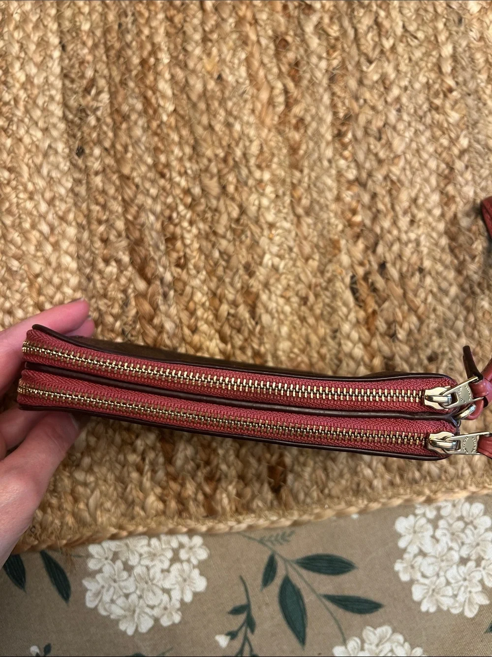 Coach Brown Wristlet with Pink Trim